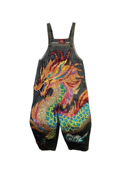 Kitmaple Pants - Kitmaple Denim Bib Overalls With Colorful Sequin Dragon Embroidery S-M